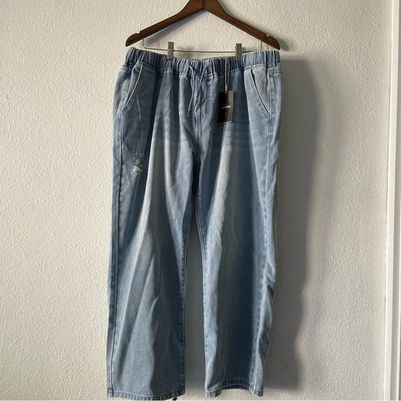 Drawstring High Waist Distress Jeans Fade Pants Pull On 2XL (14/16) Trendy NWT - Picture 14 of 14